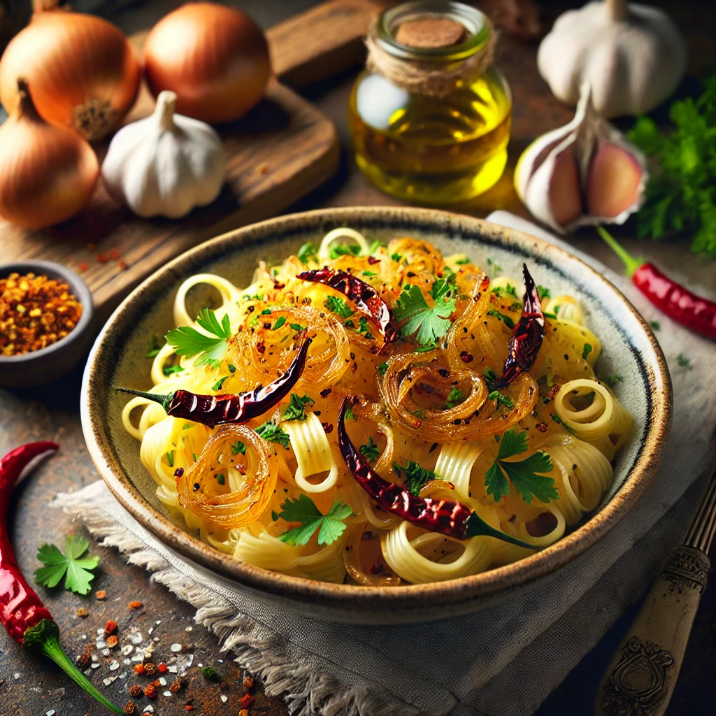 Caramelized Onion and Chili Oil Garlic Pasta ( Vegan Recipes  )